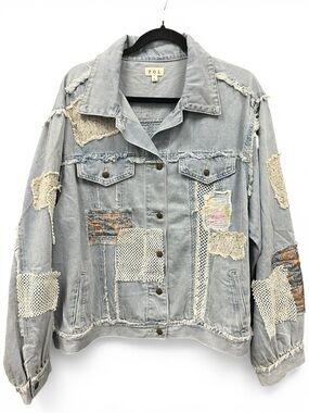 POL Light Gray Patchwork Distressed Denim Jacket